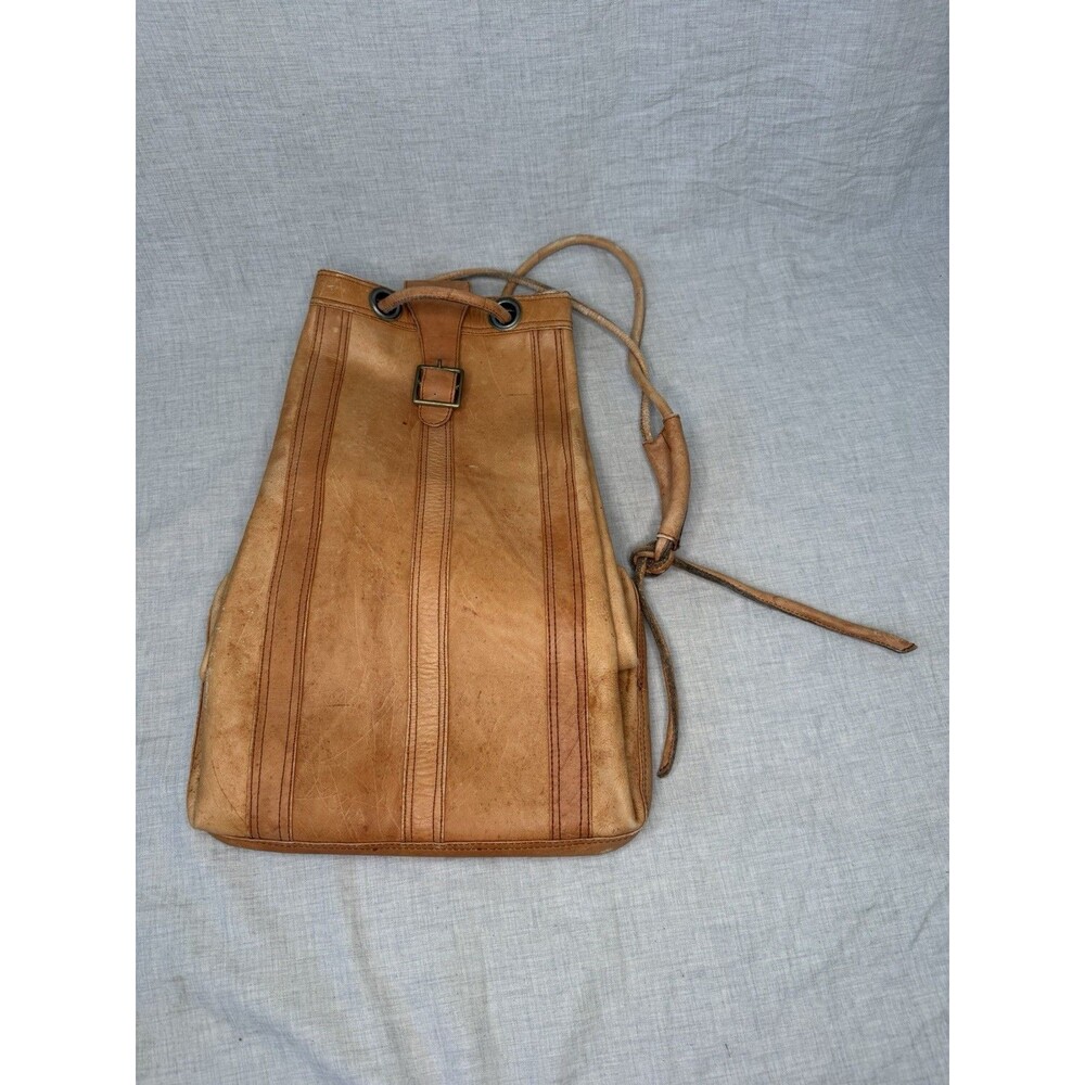 VTG Brown Distressed Leather Hand Made Large Mail Bag Drawstring Buckled Top